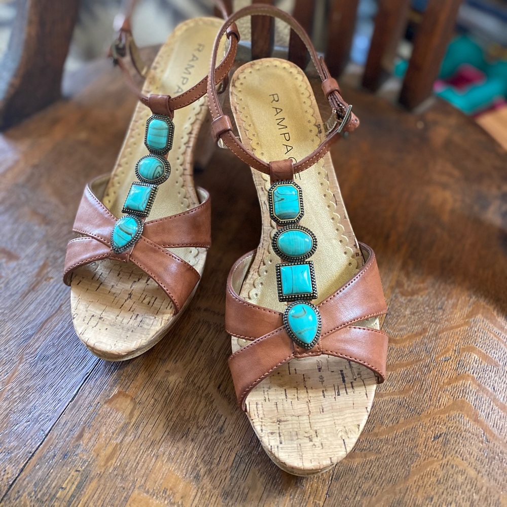 Cork and Turquoise Platform Sandals